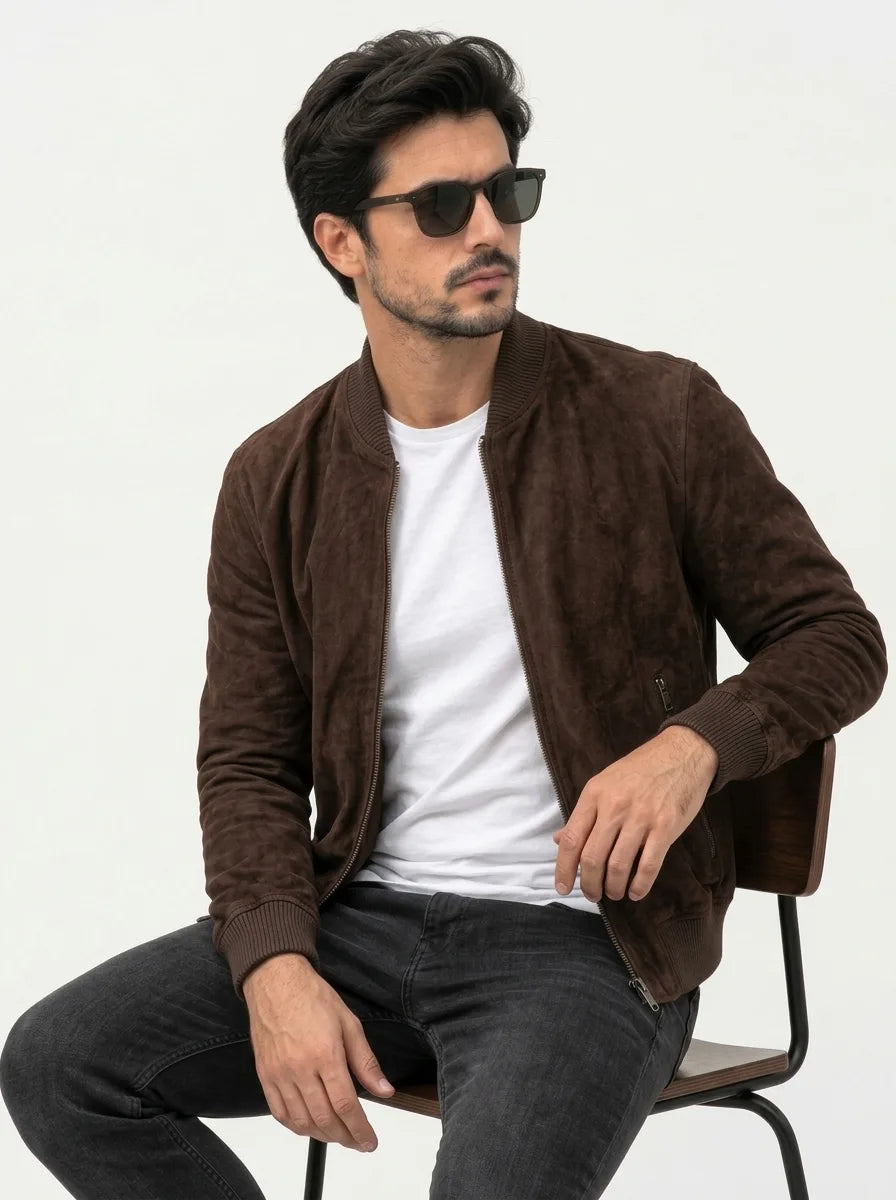 Men’s Dark Brown Suede Bomber Leather Jacket