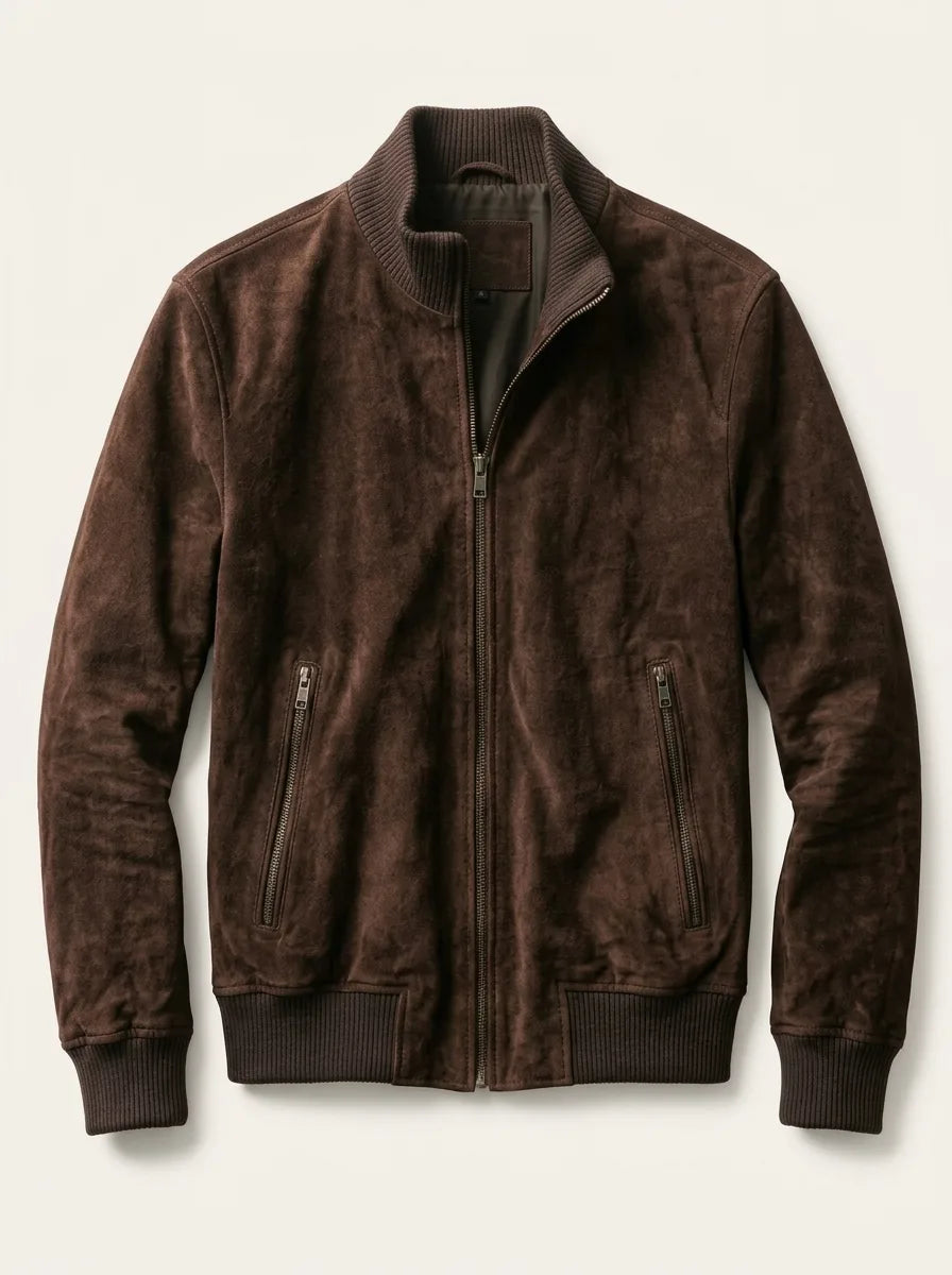 Men’s Dark Brown Suede Bomber Leather Jacket
