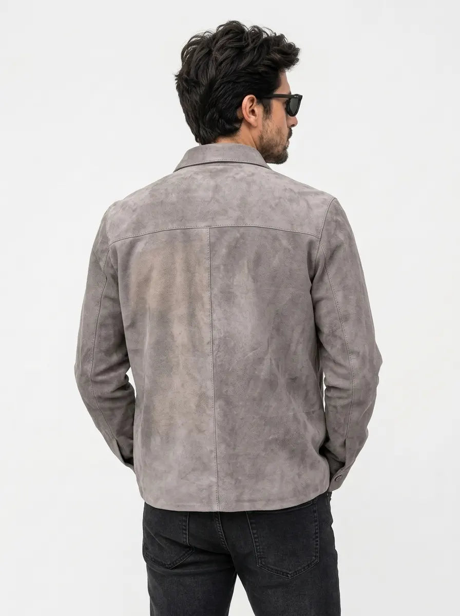 Men’s Grey Suede Leather Shirt Style Jacket