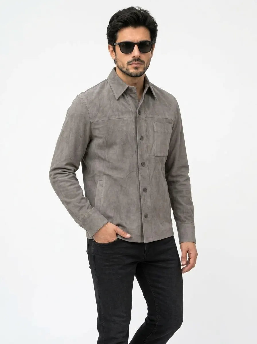 Men’s Grey Suede Leather Shirt Style Jacket