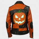 Men's Halloween Patchwork Black and Orange Leather Biker Jacket 1