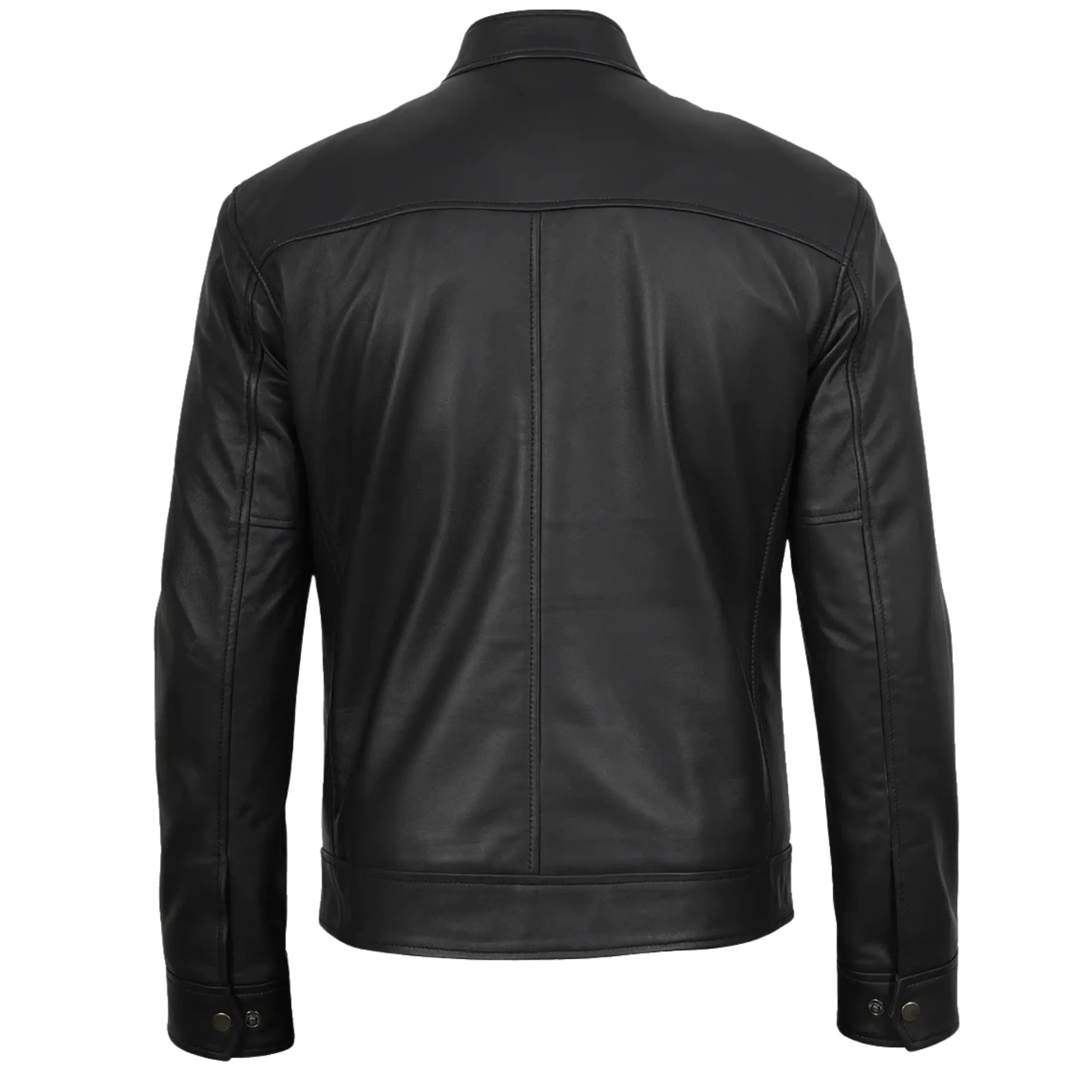Black leather jacket shown from the back on a white background