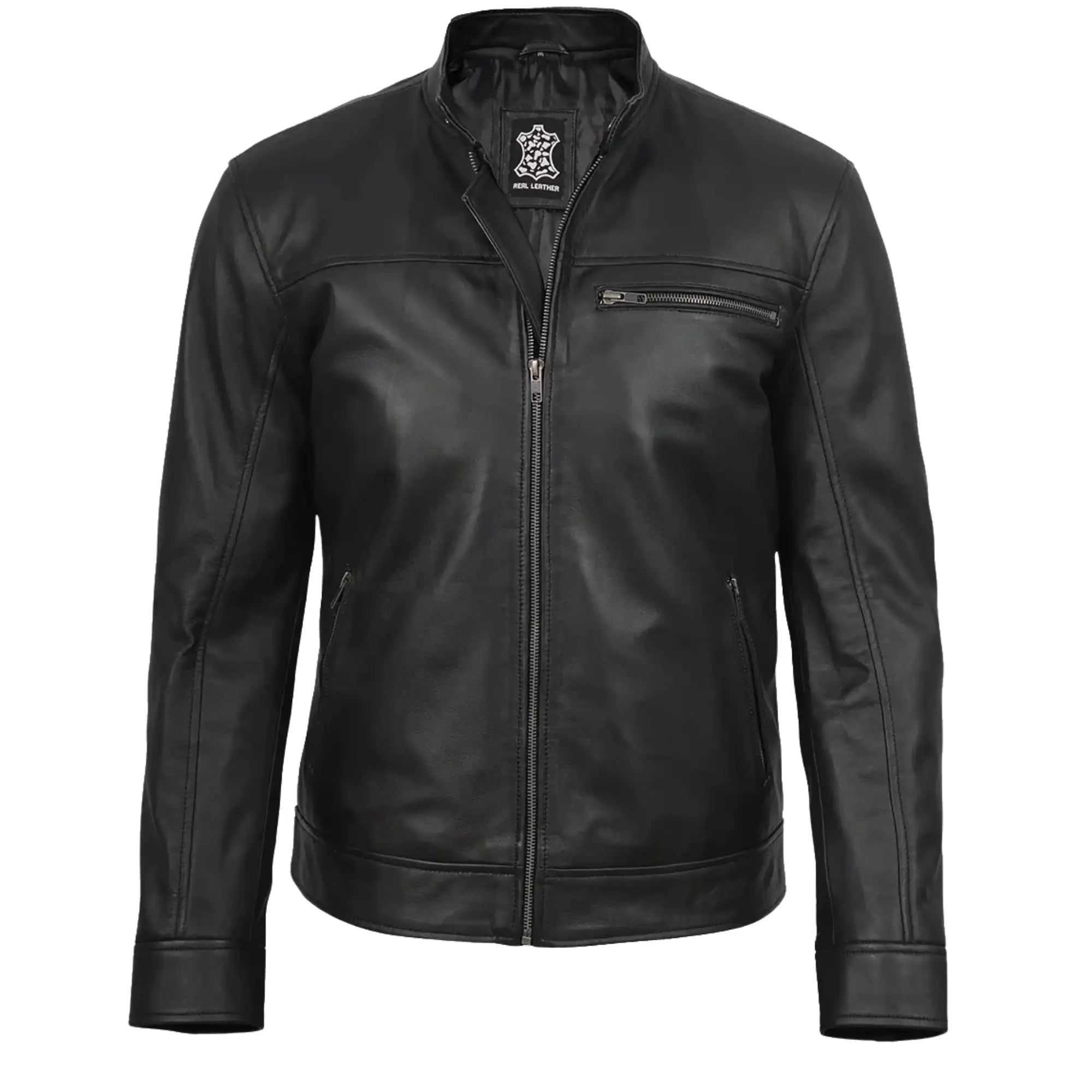 Black leather jacket on a white background