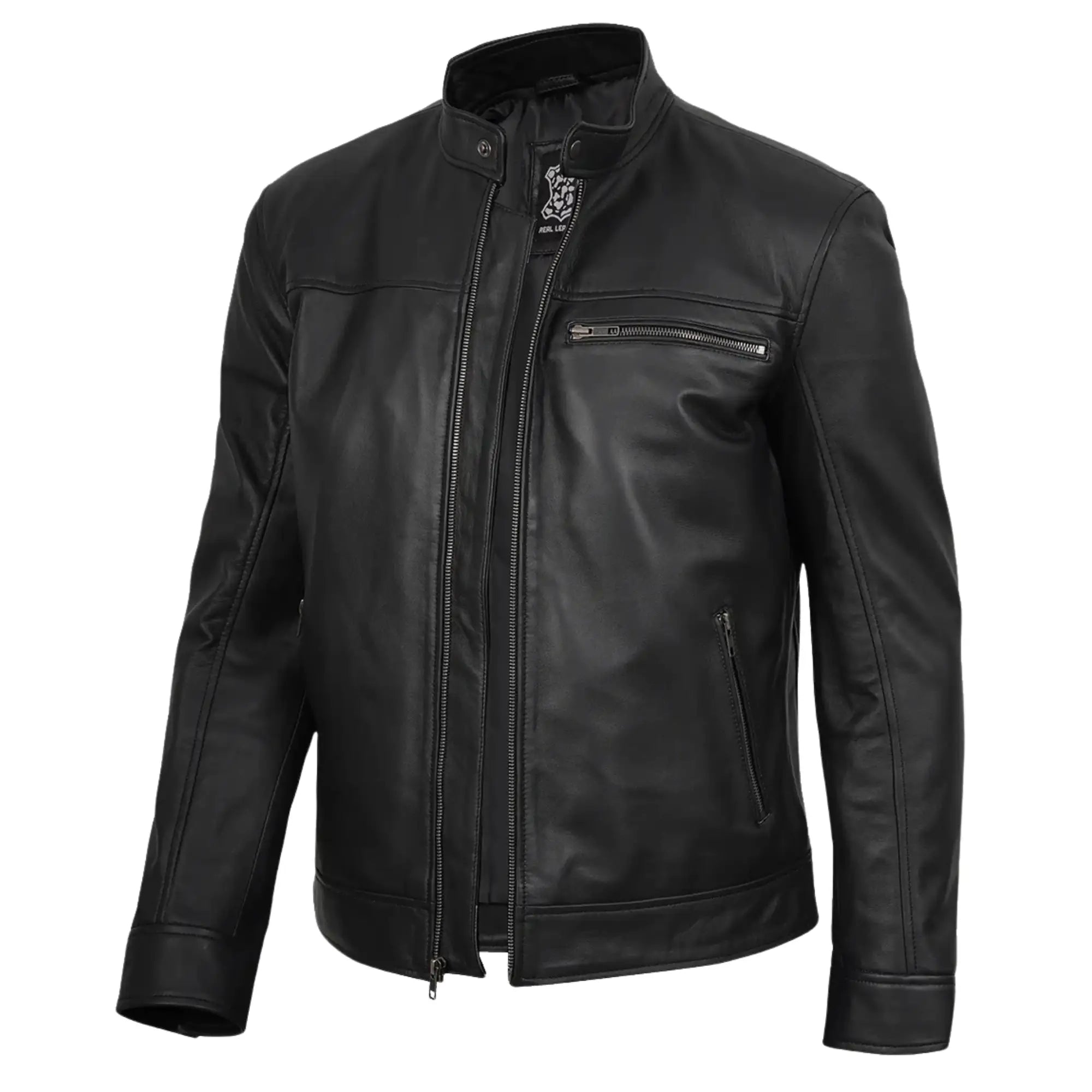 Black leather jacket on a white background