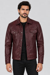 Men's Maroon Sheepskin Leather Trucker Jacket