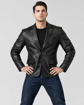 Men's Notch Lapel Two Button Black Blazer Leather Jacket