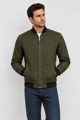 Men's Olive Green Suede Leather Classic Bomber Jacket