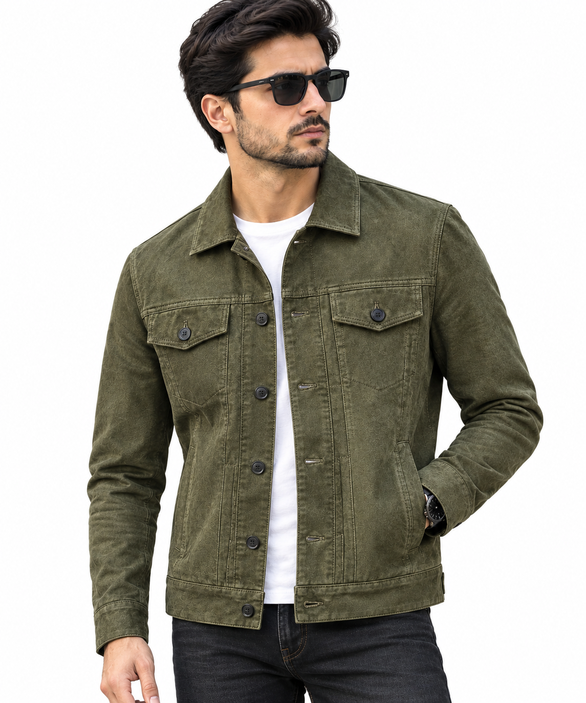 Men's Olive Green Suede Leather Trucker Jacket 3
