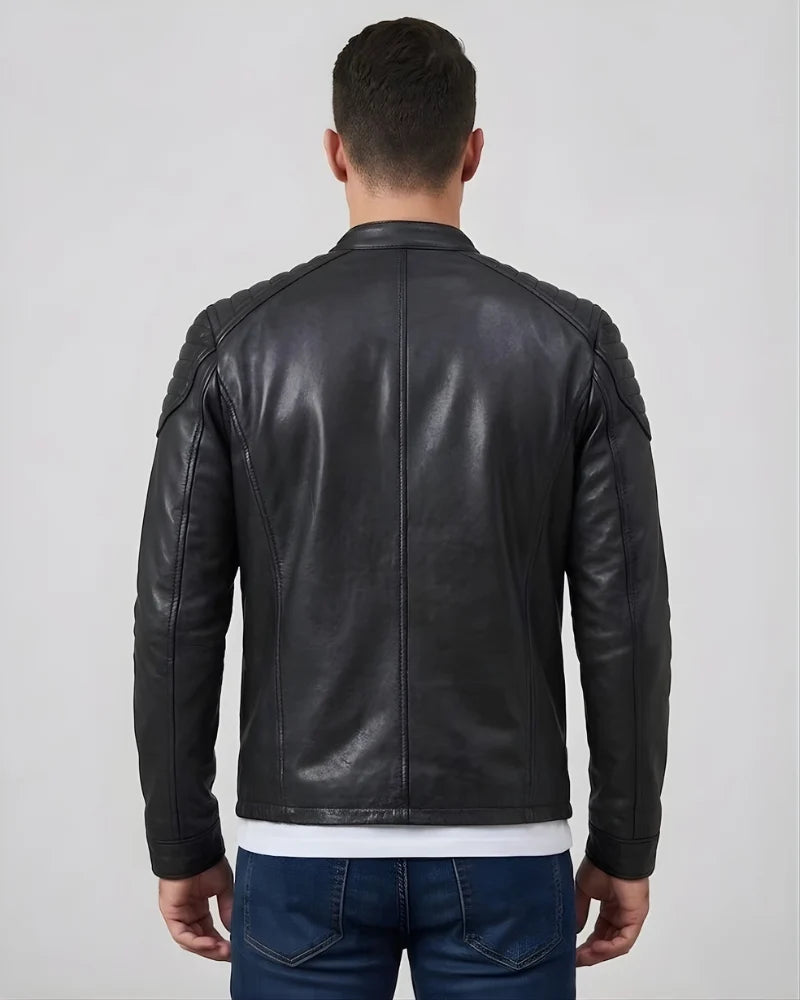 Men Real Leather Motorcycle Jacket in Quilted Design