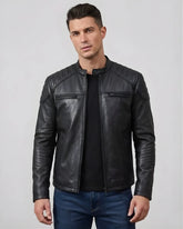 Men Real Leather Motorcycle Jacket in Quilted Design