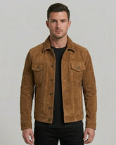 Men's Real Suede Tan Button Down Leather Jacket