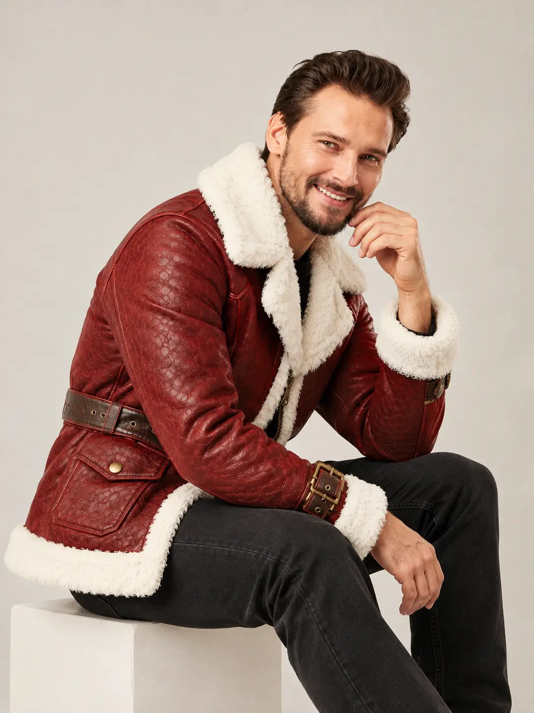 Men's Red Leather Coat with White Faux Fur Cuffs and Adjustable Buckle Straps