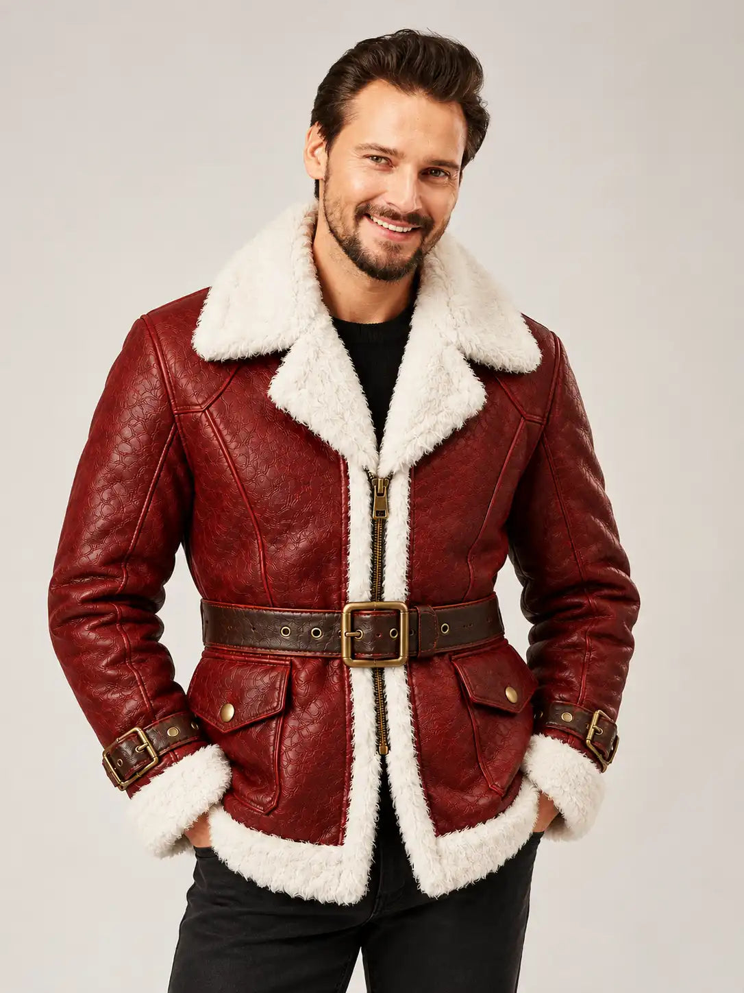 Men's Red Sheepskin Leather Coat with White Faux Fur Collar and Waist Belt
