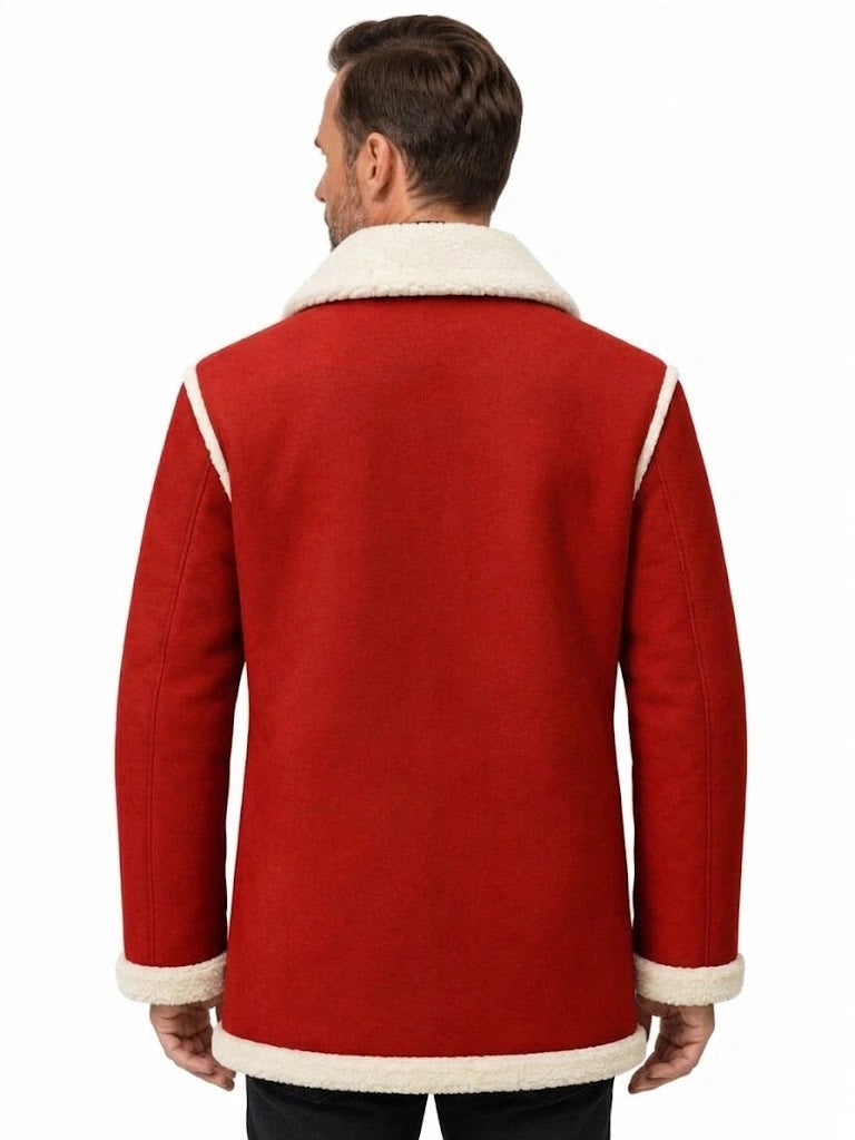 Men's Red Sheepskin Leather Santa Claus Coat with Faux Fur Trim