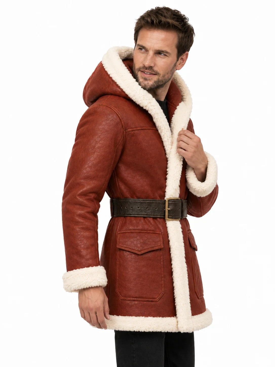 Men's Red Sheepskin Leather Santa Coat