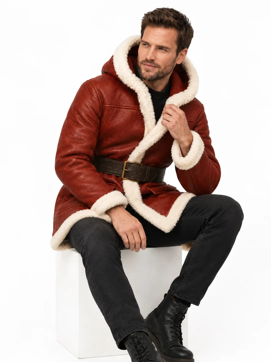 Men's Red Sheepskin Leather Santa Coat