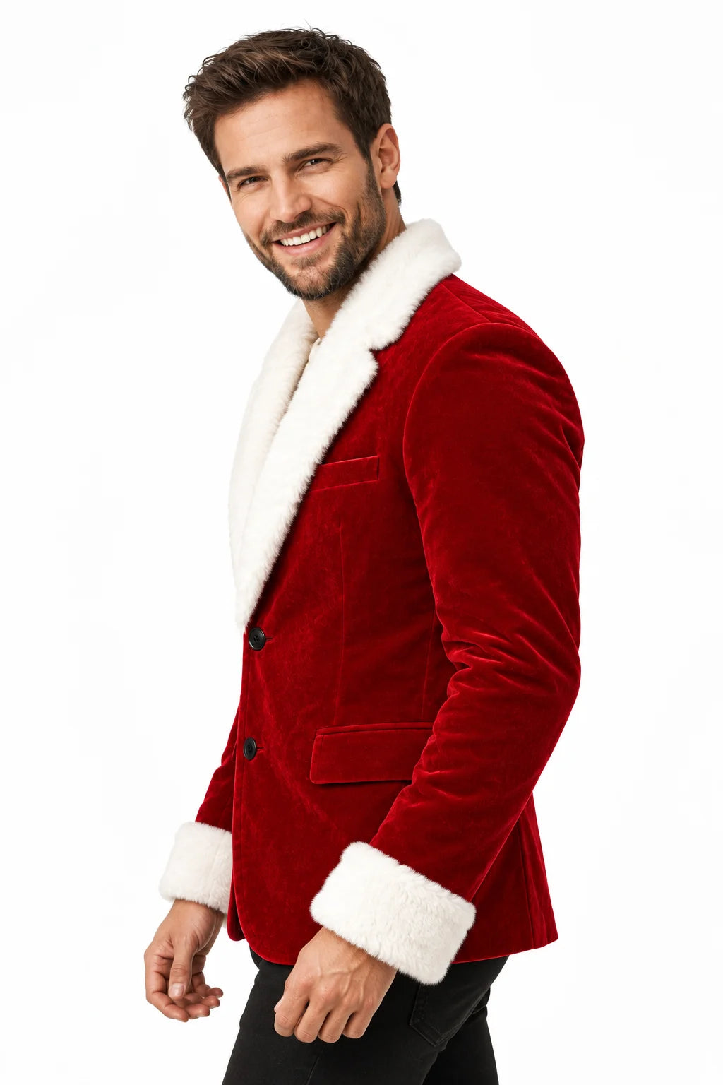 Men's Red Velvet Blazer with White Faux Fur Collar