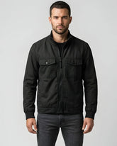 Men's Round Collar Black Cotton Jacket