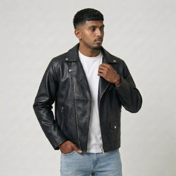 Men's Sheepskin Black Biker Style Leather Jacket