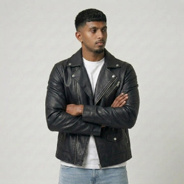 Men's Sheepskin Black Biker Style Leather Jacket