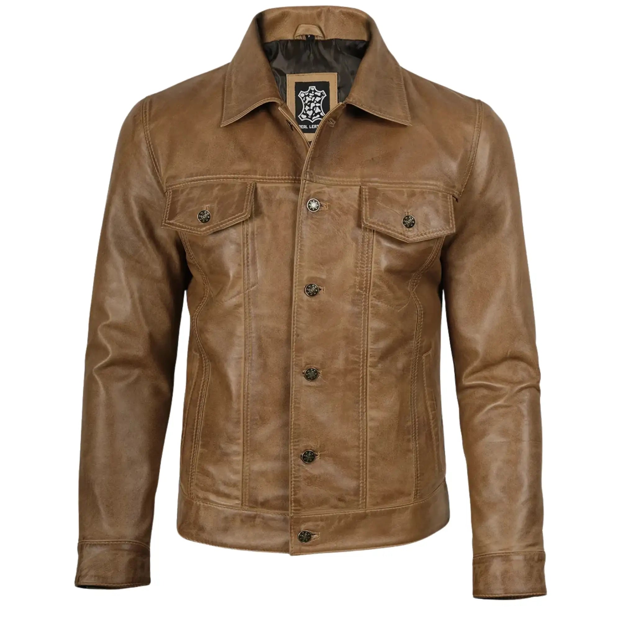 Men's Sheepskin Leather Camel Brown Trucker Jacket