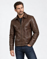 Men's Shirt Collar Chocolate Brown Leather Jacket