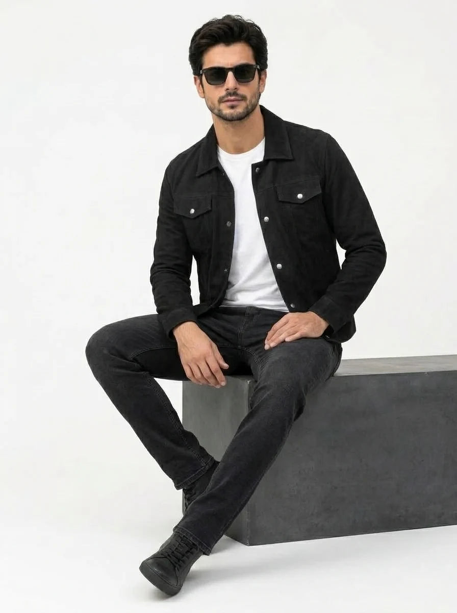 Men’s Stallon Black Suede Leather Trucker Jacket