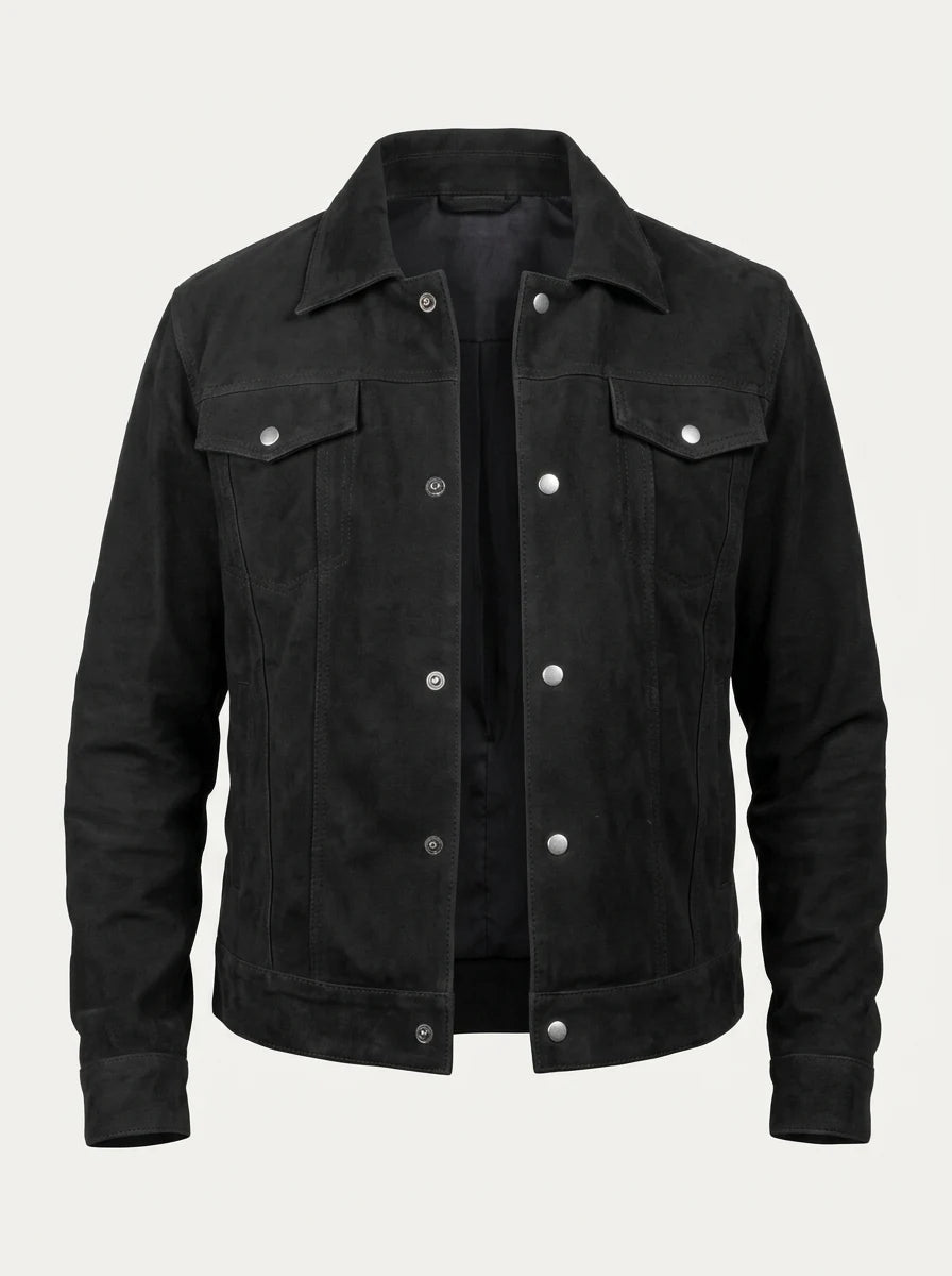 Men’s Stallon Black Suede Leather Trucker Jacket