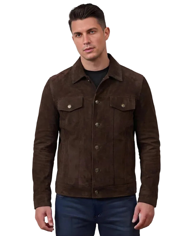 Men's Suede Dark Brown Trucker Style Jacket
