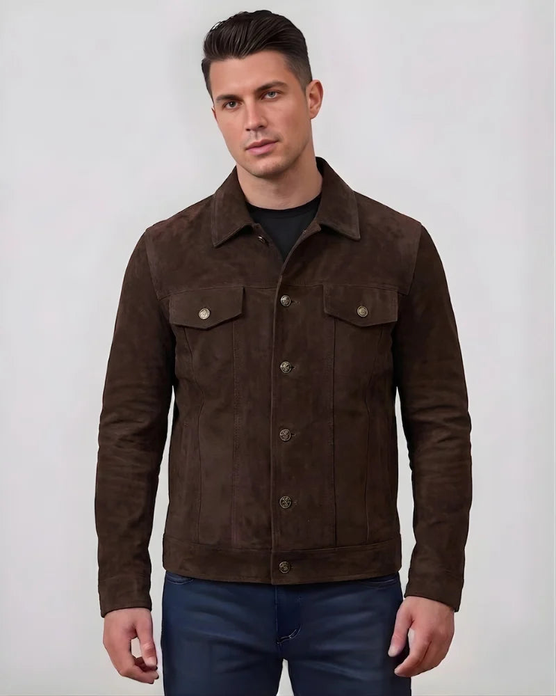 Men's Suede Dark Brown Trucker Style Jacket