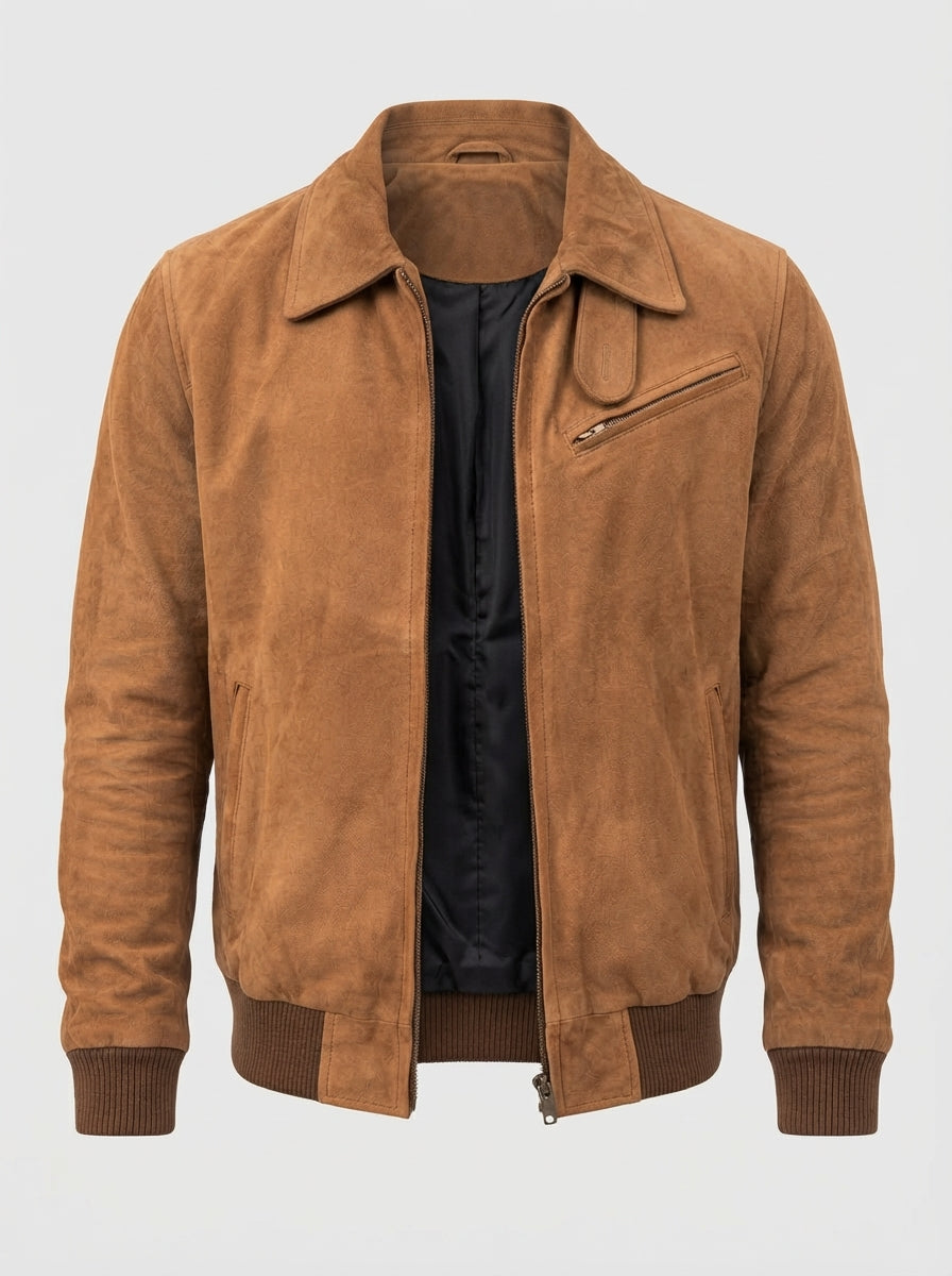 Men’s Tan Suede Leather Shirt Collar Jacket