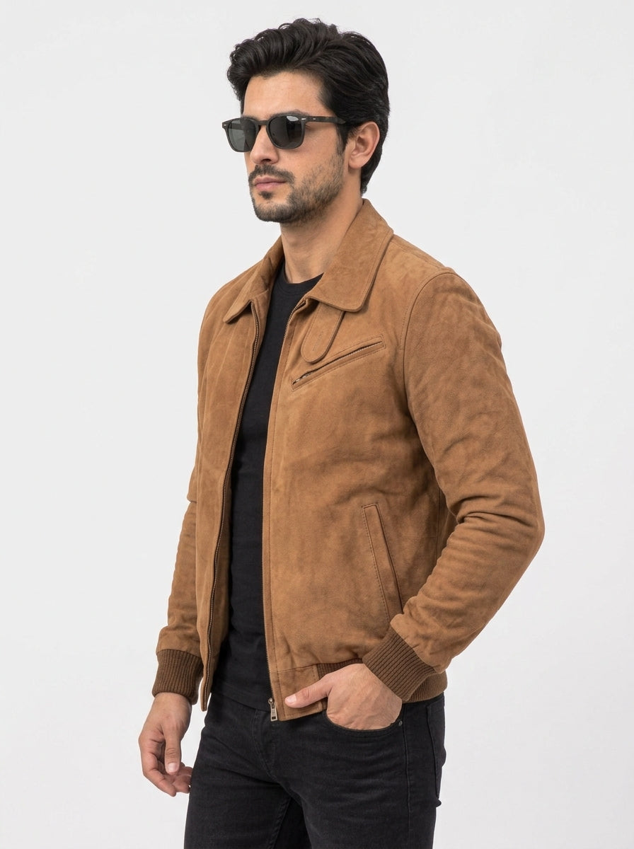Men’s Tan Suede Leather Shirt Collar Jacket