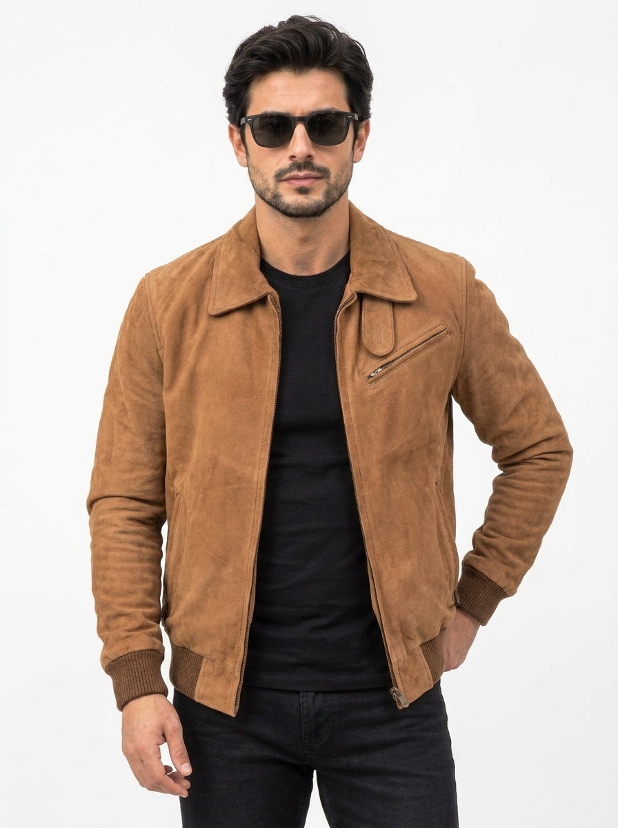 Men’s Tan Suede Leather Shirt Collar Jacket