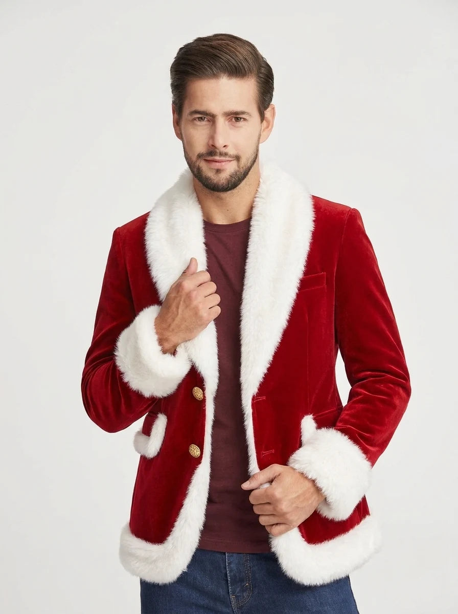 Men’s red Santa Christmas leather blazer with white Faux Fur lapel collar