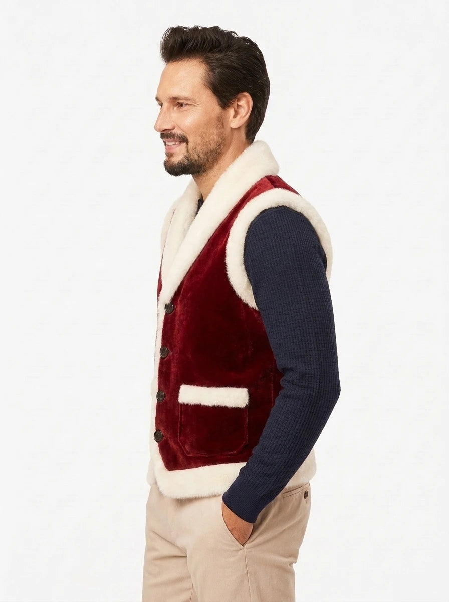 Men’s red Santa vest styled for Christmas parties and holiday events