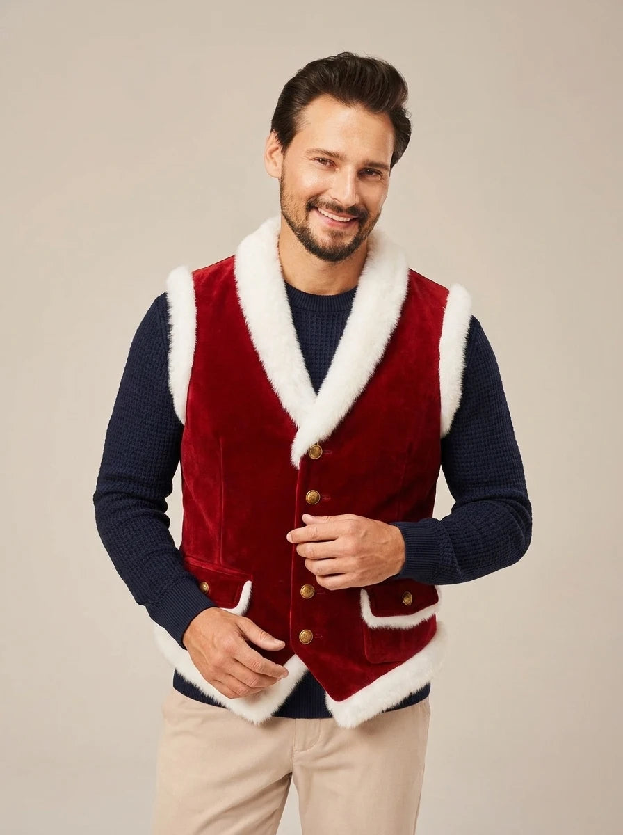 Men’s red suede Christmas vest with white faux fur trim and brass-tone buttons