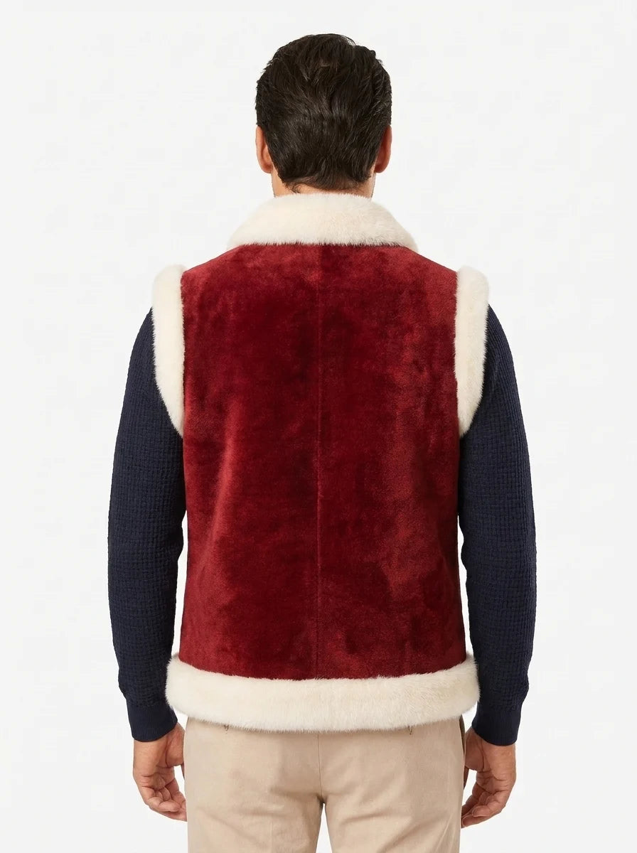 Men’s red suede Christmas waistcoat with button-front closure and festive design