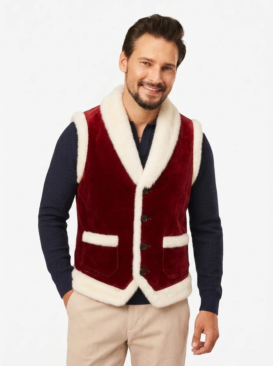 Men’s red suede Santa Christmas vest with white faux fur collar and hem trim