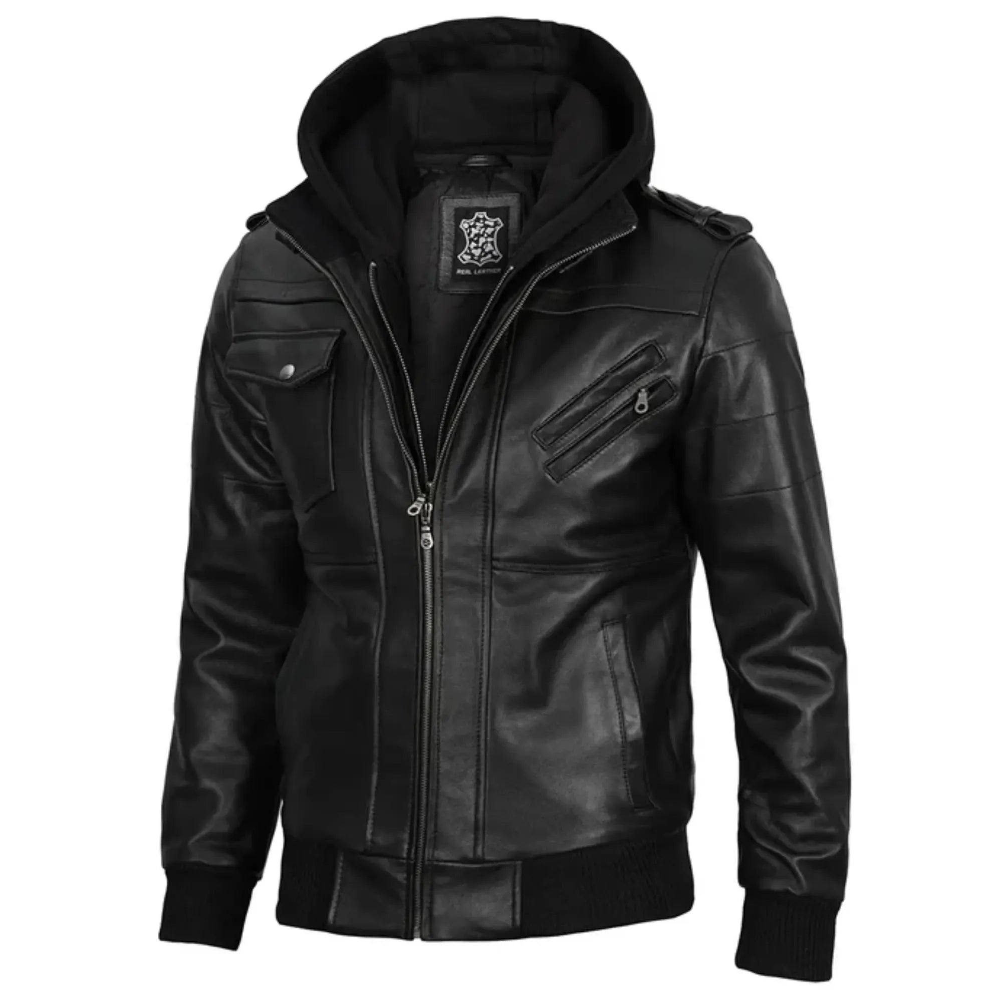 Black leather jacket on a white background