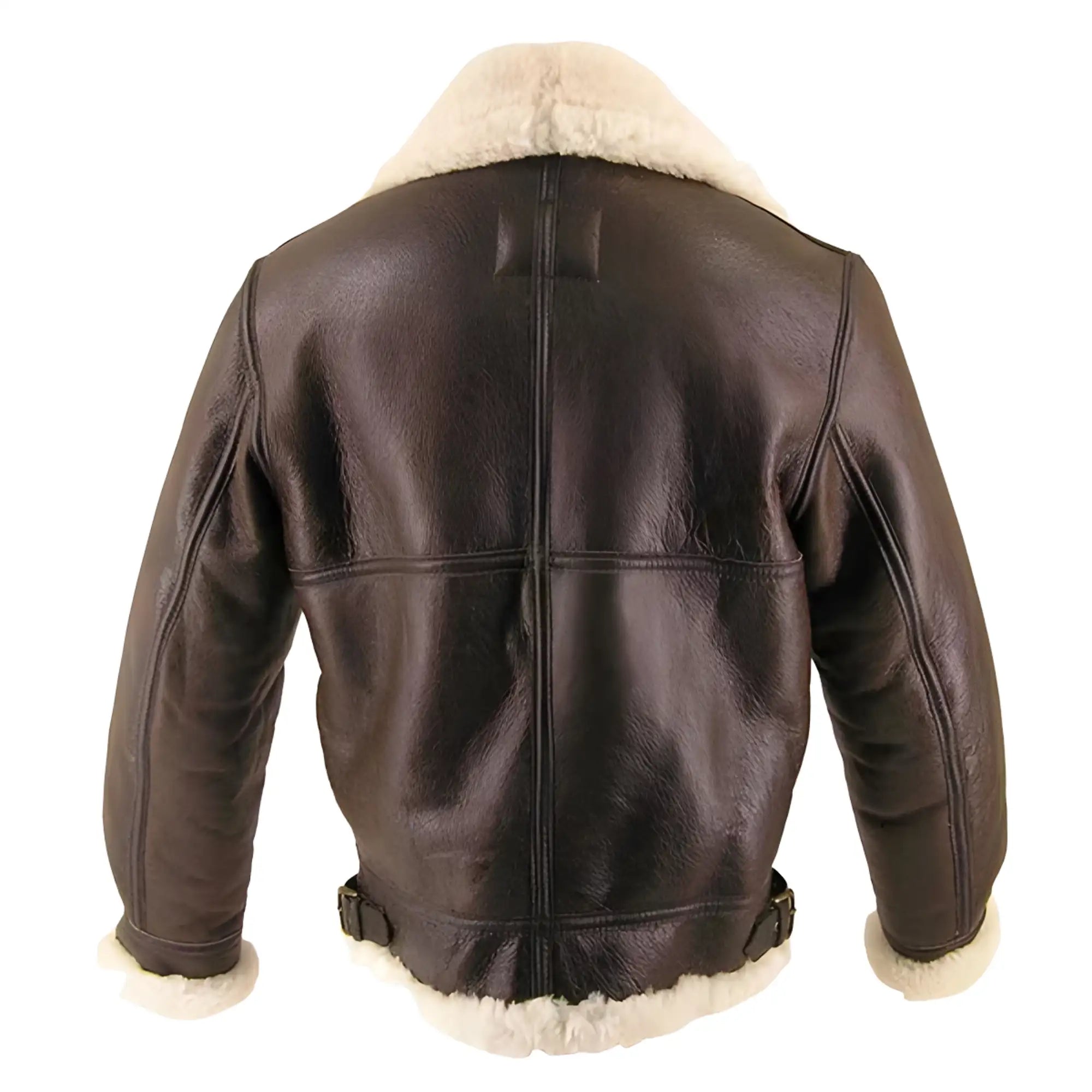 Brown leather jacket with white fur lining on a white background