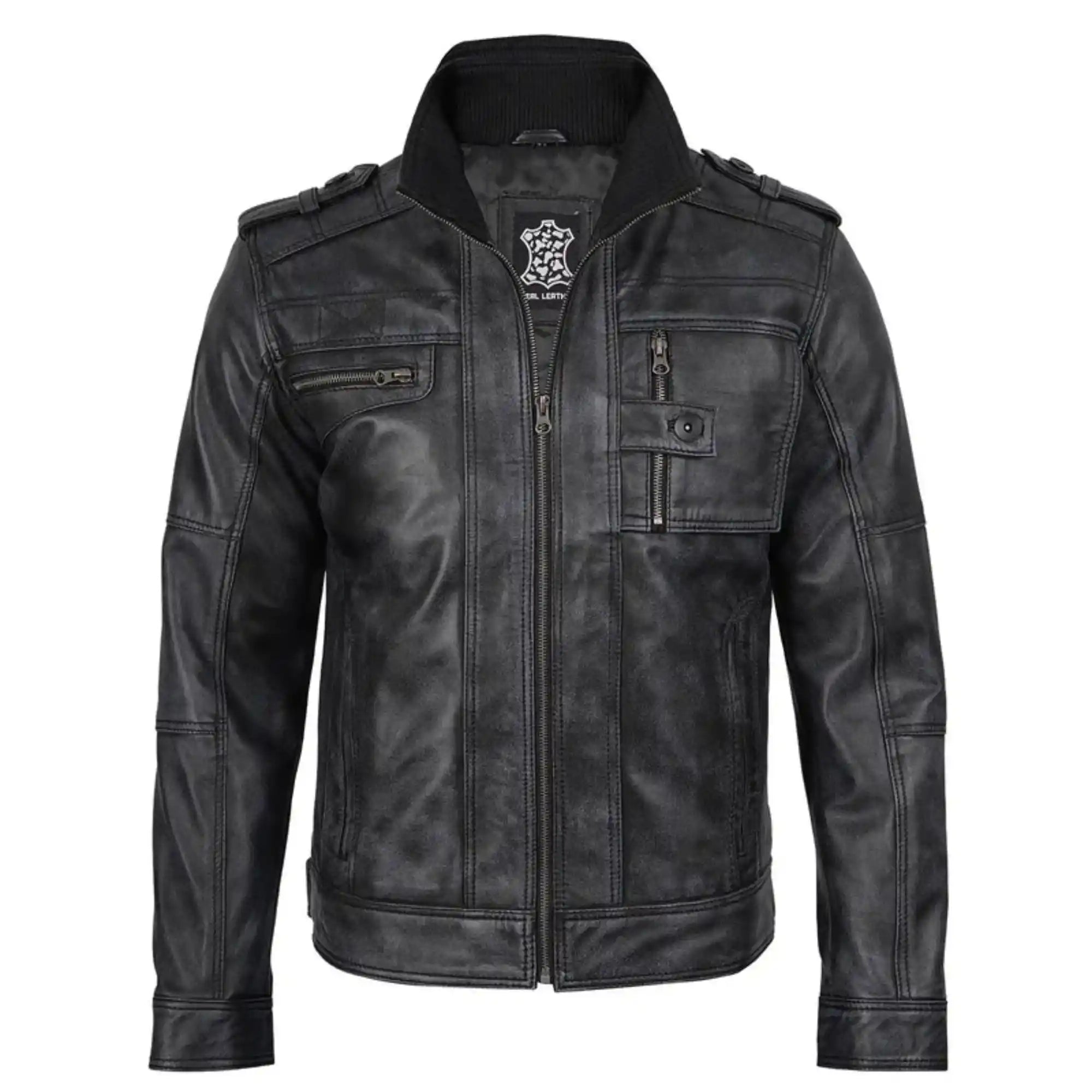 Black leather jacket with a brand logo on a white background