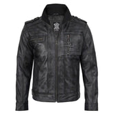 Black leather jacket with a brand logo on a white background