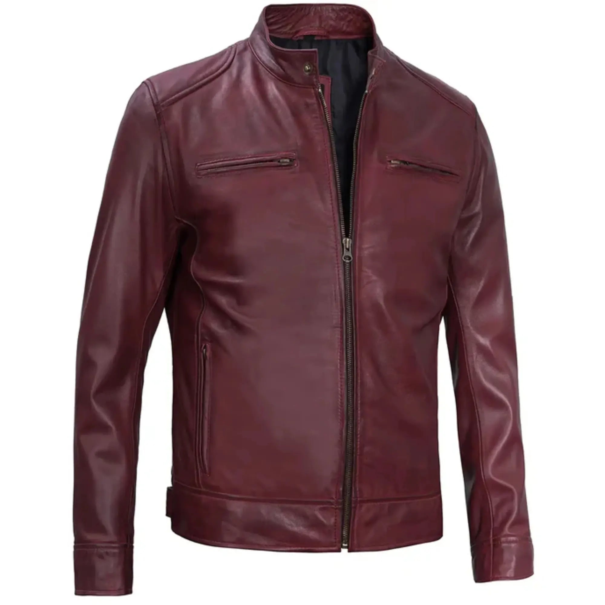 Maroon leather jacket on a white background