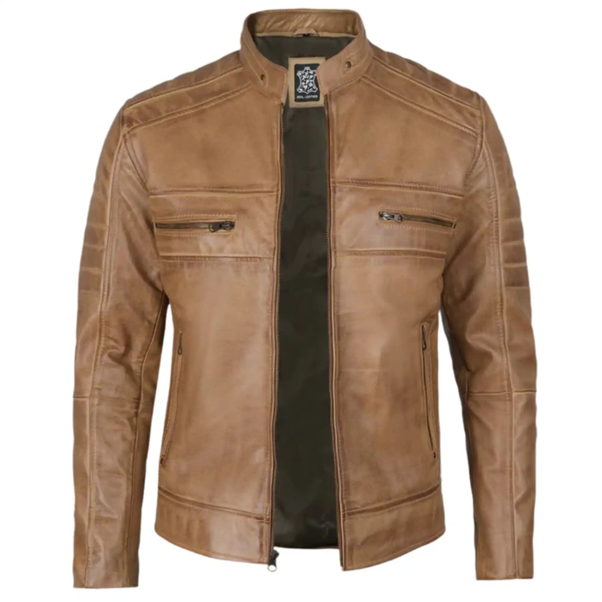 Brown leather jacket on a white background
