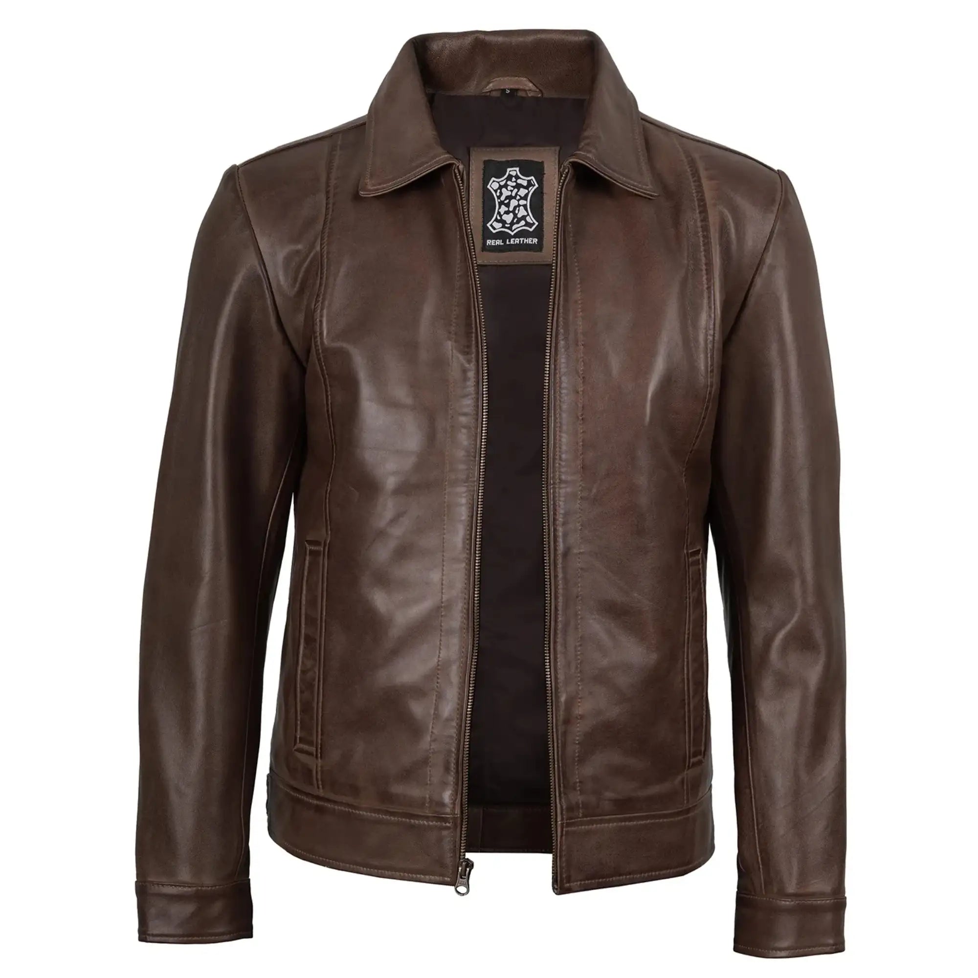 Brown leather jacket with a brand logo on a white background