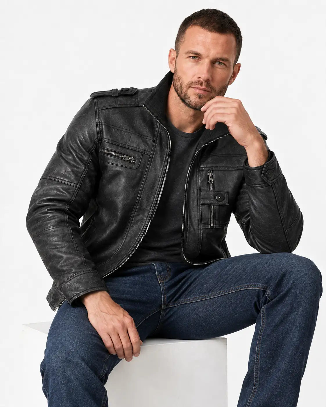 Mens Distressed Black Leather Biker Style Jacket