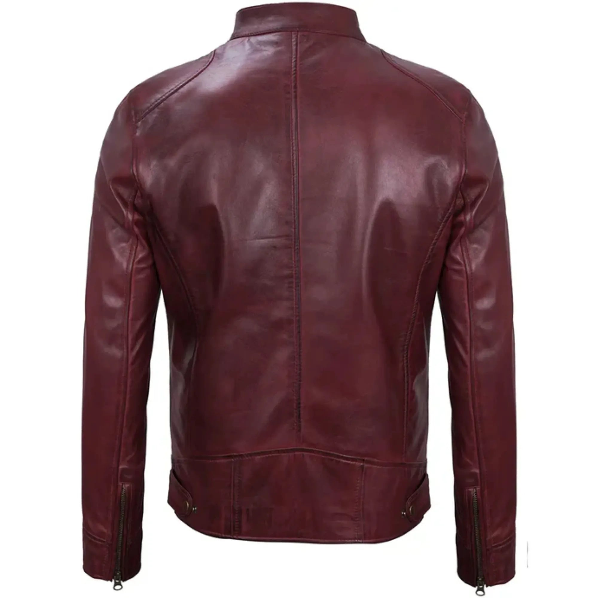 Maroon leather jacket shown from the back on a white background
