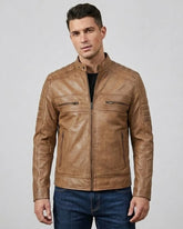 Mens Distressed Tan Brown Cafe Racer Real Leather Jacket