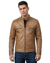 Mens Distressed Tan Brown Cafe Racer Real Leather Jacket