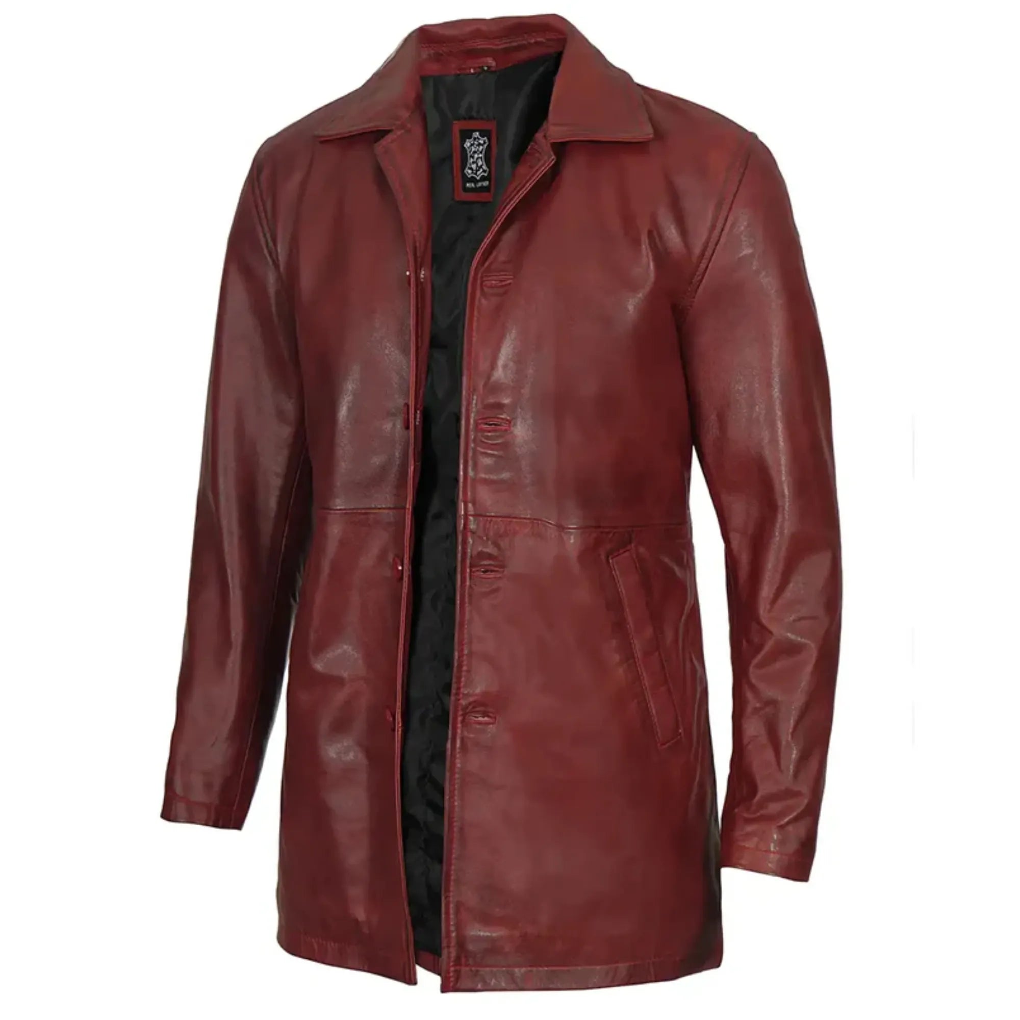 Mens Maroon Real Leather Car Coat